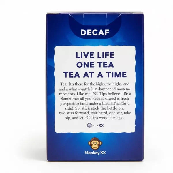 Back side of PG Tips Decaf tea box with message about enjoying tea one cup at a time