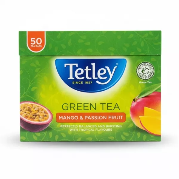 Box of Tetley Green Tea Mango & Passion Fruit flavour with 50 tea bags