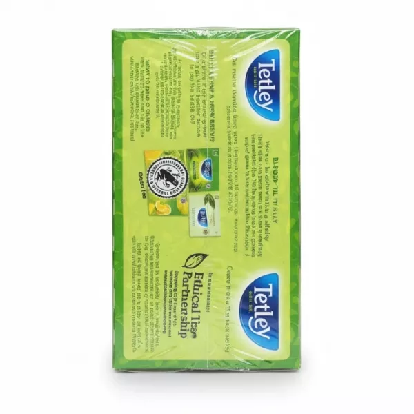 Back of Tetley Mango & Passion Fruit Green Tea box with product details and certifications
