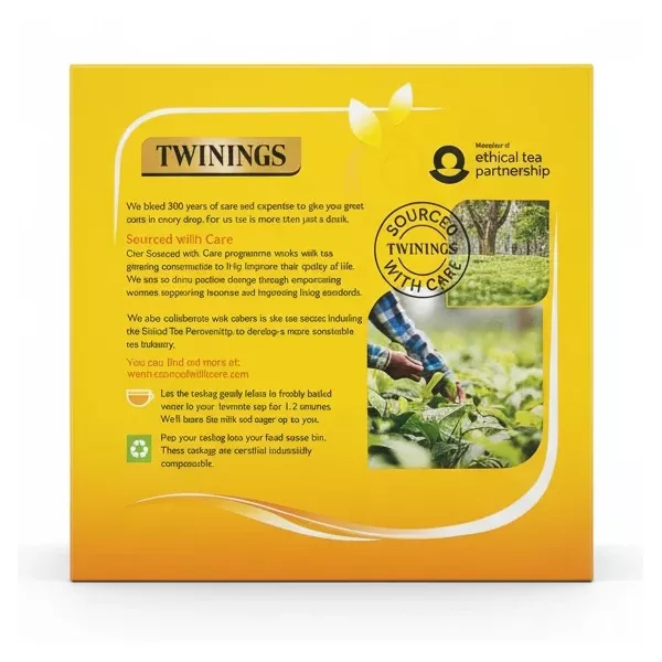 Twinings tea box back with ethical sourcing information