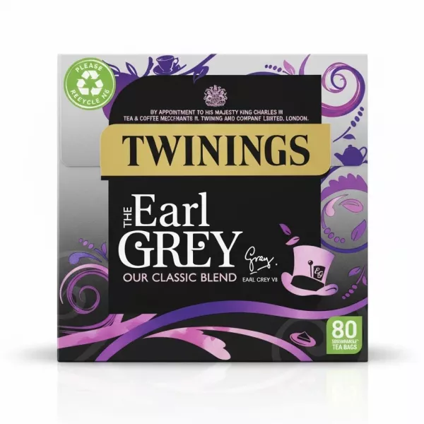 Twinings Earl Grey tea box front showing classic blend with purple swirls