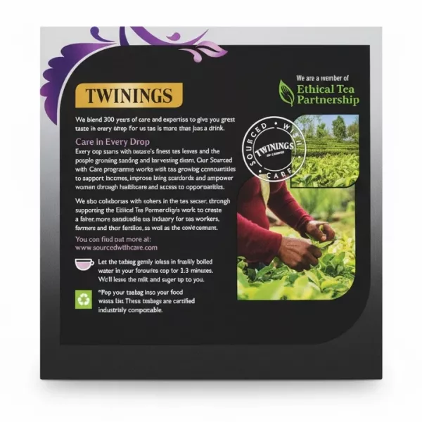 Back of Twinings Earl Grey tea box detailing sourcing and brewing instructions