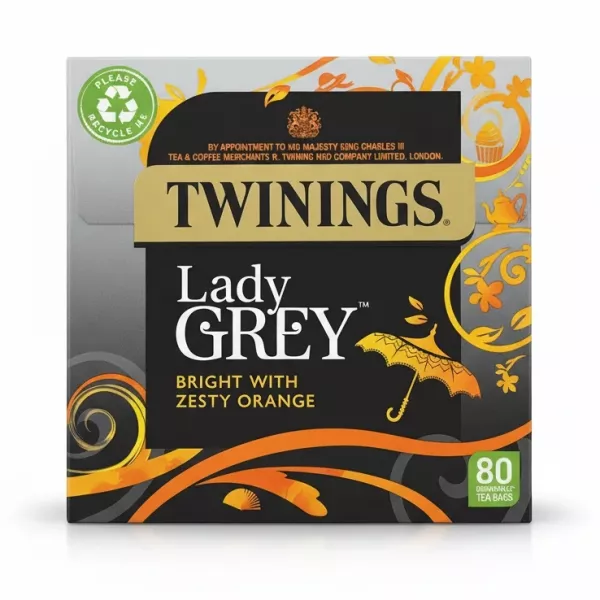 Twinings Lady Grey Black Tea box with vibrant orange and yellow decorative design