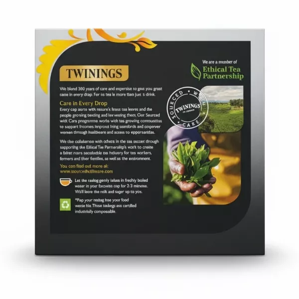 Back of the Twinings Lady Grey Tea box showing Ethical Tea Partnership membership logo and tea leaf imagery