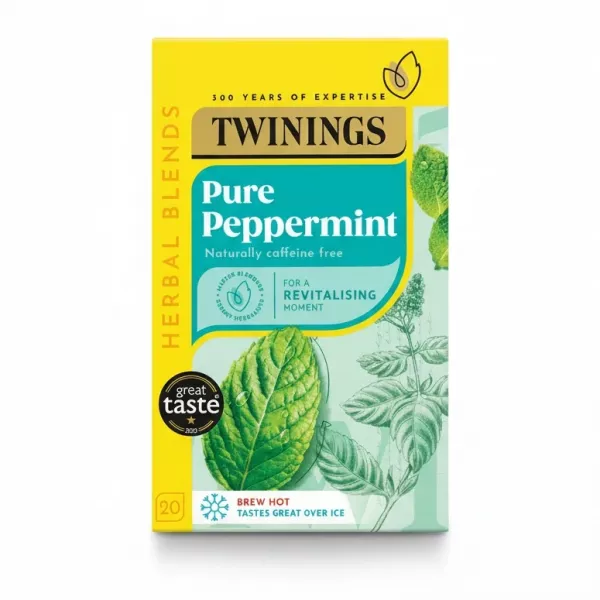 Box of Twinings Pure Peppermint Herbal Tea with yellow and turquoise design featuring peppermint leaves