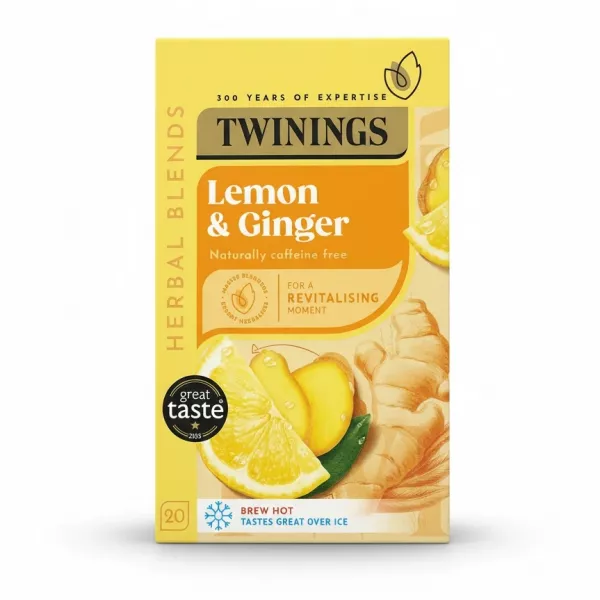 Twinings Lemon & Ginger tea box front with lemon and ginger illustration
