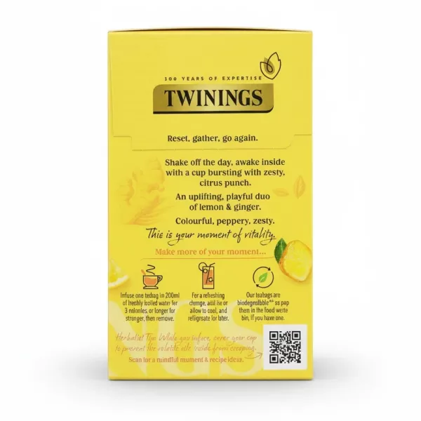 Twinings Lemon & Ginger tea box back showing product description and brewing instructions