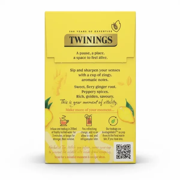 Back of Twinings Spiced Ginger tea box with brewing instructions and description