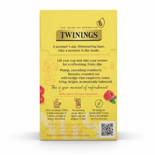 Twinings Cranberry & Raspberry tea box back view with preparation instructions