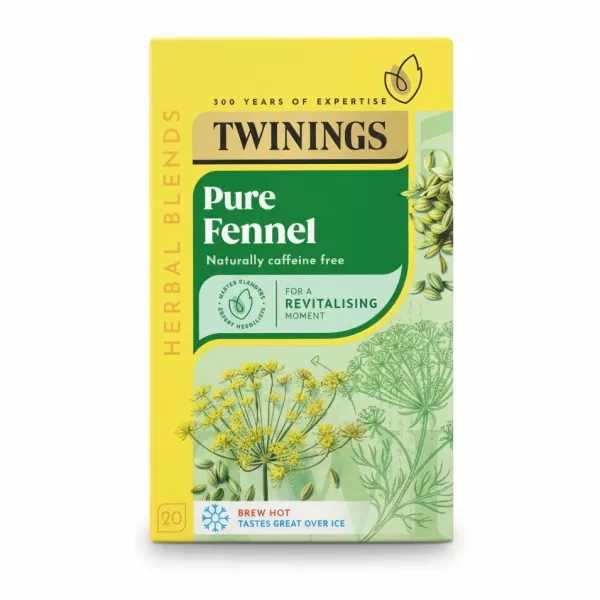 Twinings Pure Fennel Herbal Tea box front with yellow and green design