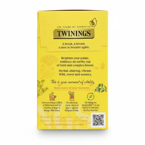 Back of Twinings Pure Fennel Herbal Tea box with brewing instructions