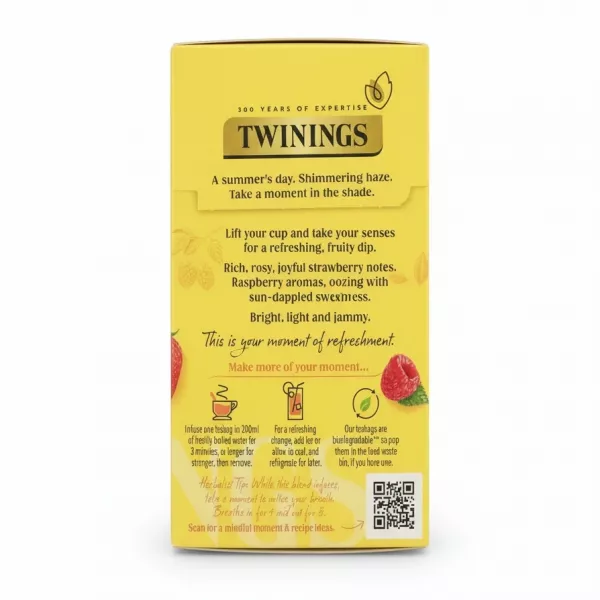 Twinings Strawberry & Raspberry Tea box back view with product description