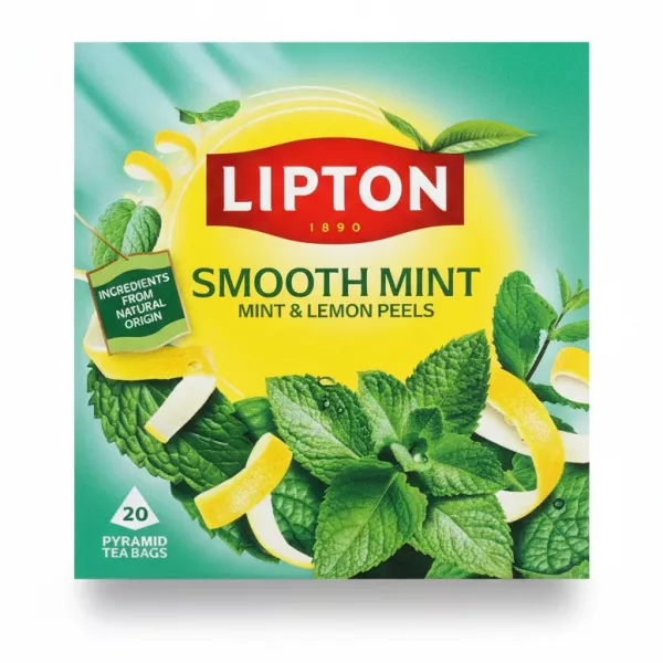 Lipton Smooth Mint tea bags box front showing mint leaves and lemon peels