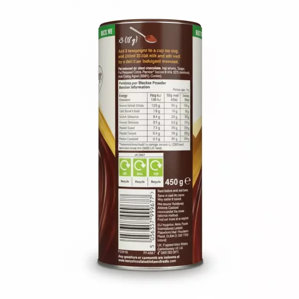 Galaxy Drinking Chocolate 450g packaging back with nutrition and ingredients