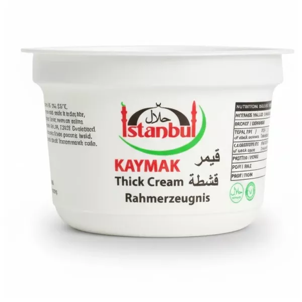 Side view of Istanbul Kaymak thick cream tub with product branding and halal certification