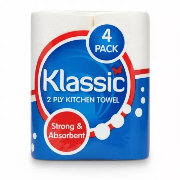 Klassic 2 ply kitchen towel pack with four rolls in white wrapping