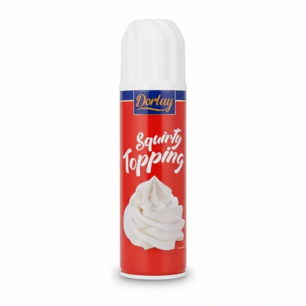 Dorlay Squirty Topping aerosol can front view with red label and white cream swirl