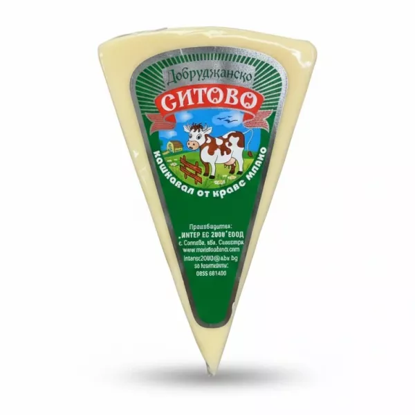 Triangle wedge of Sitovo yellow cheese with cow illustration label