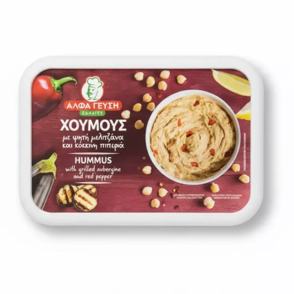 Alpha Gefsi hummus with grilled aubergine and red pepper tub front view
