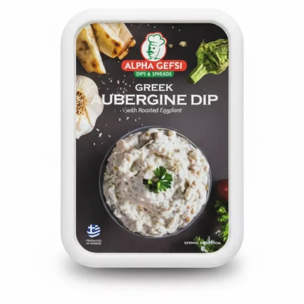 Alpha Gefsi Greek Aubergine Dip container showing dip with roasted eggplant on a white background
