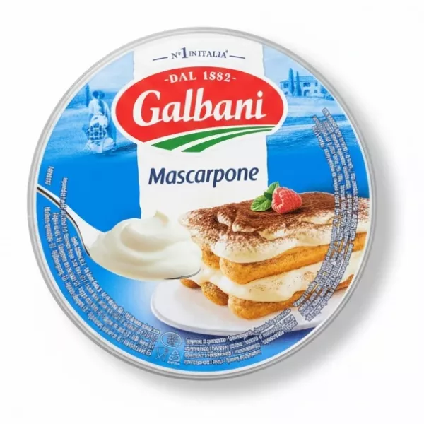 Galbani Mascarpone Cheese container top view with serving suggestion