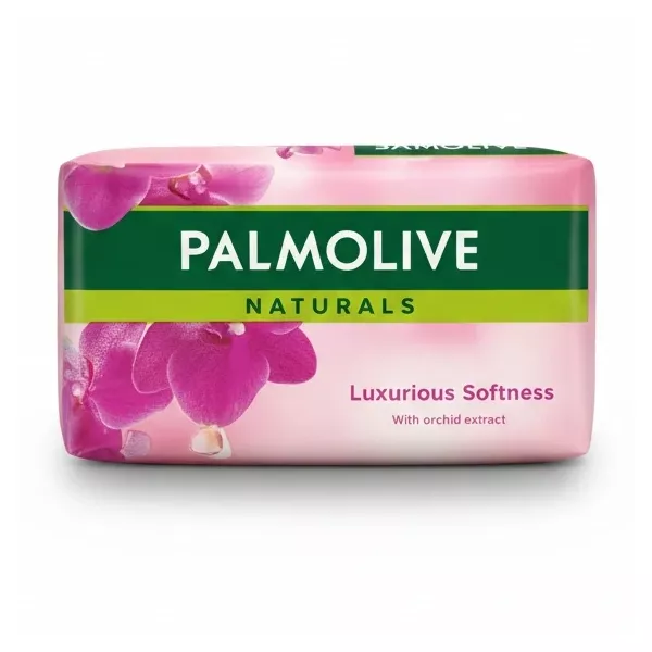 Palmolive Naturals Luxurious Softness soap bar in pink packaging with orchid image