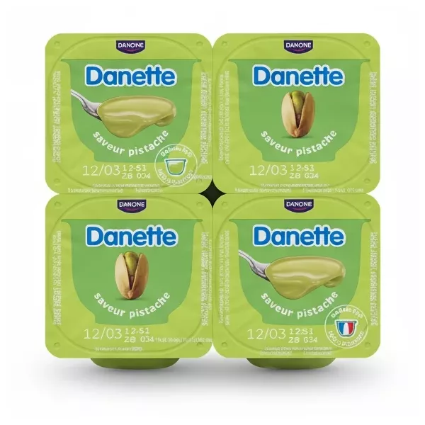 Four-pack of Danette pistachio cream dessert cups with green lids