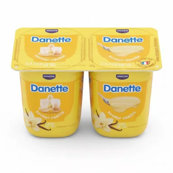 Four pack of Danette vanilla cream dessert pots in yellow packaging