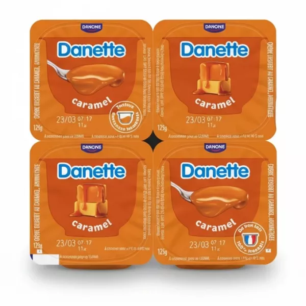 Danette caramel dessert four-pack top view