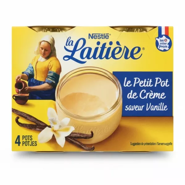 Pack of four Nestle La Laitière vanilla cream pots in yellow packaging