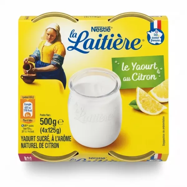 Nestlé La Laitière lemon yogurt four-pack with yellow packaging and lemon images