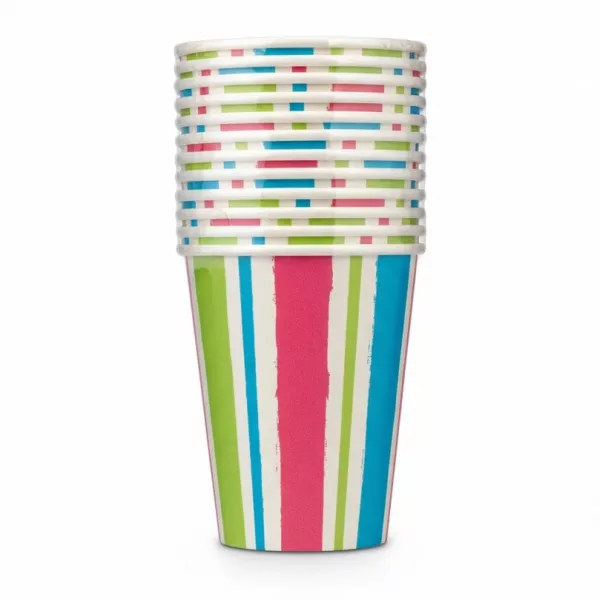 Stack of colourful striped disposable paper tumblers held in hand