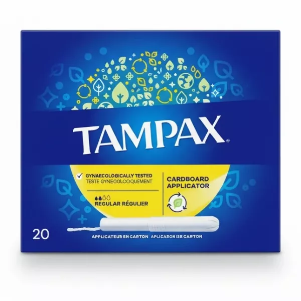 Box of Tampax Regular Tampons with cardboard applicator on front