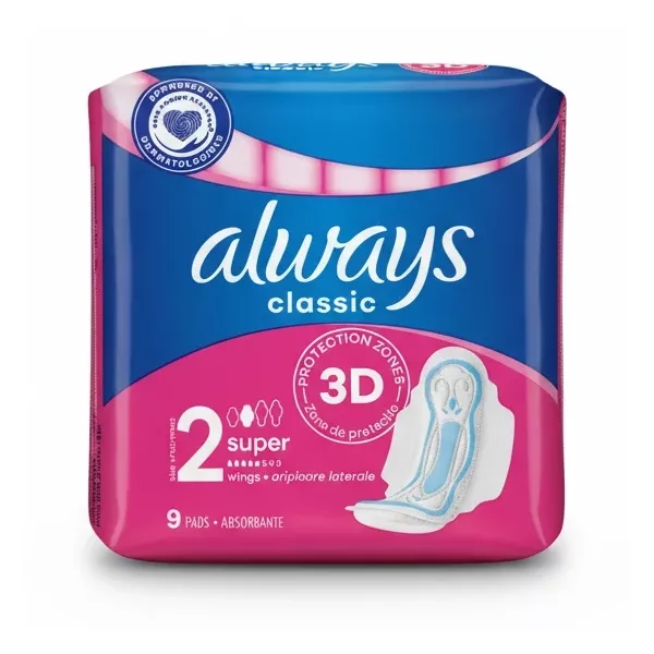 Close-up of Always Classic Super 3D sanitary pads package showing size and wings
