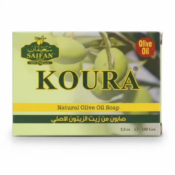 Saifan Koura natural olive oil soap packaging front with green olives image