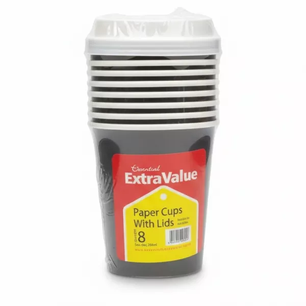 Pack of black Essential ExtraValue paper cups with white lids