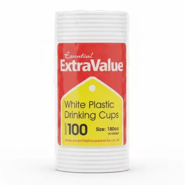 Pack of Extra Value white plastic drinking cups in clear plastic wrap