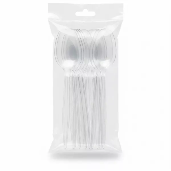 Pack of clear Euro Classic reusable plastic spoons in sealed packaging