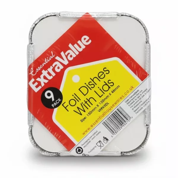 Pack of 9 aluminium foil dishes sealed in plastic wrap