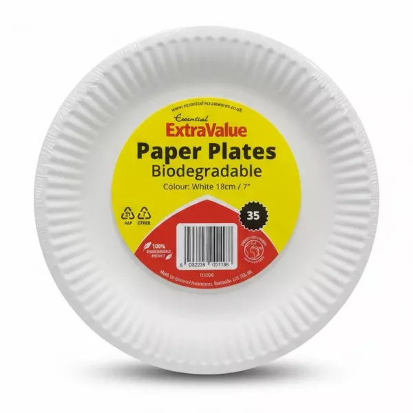 Pack of Essential ExtraValue biodegradable white paper plates with label
