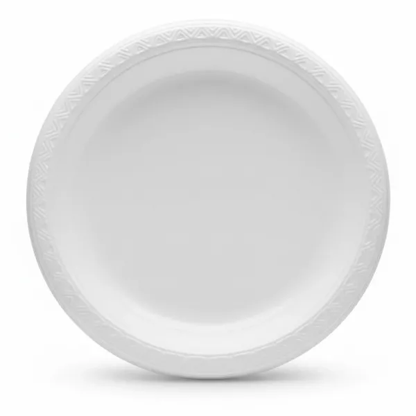 Stack of white plastic dinner plates with decorative edge