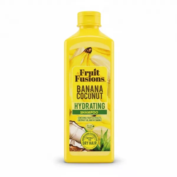 Yellow bottle of Fruit Fusions Banana & Coconut Hydrating Shampoo front label