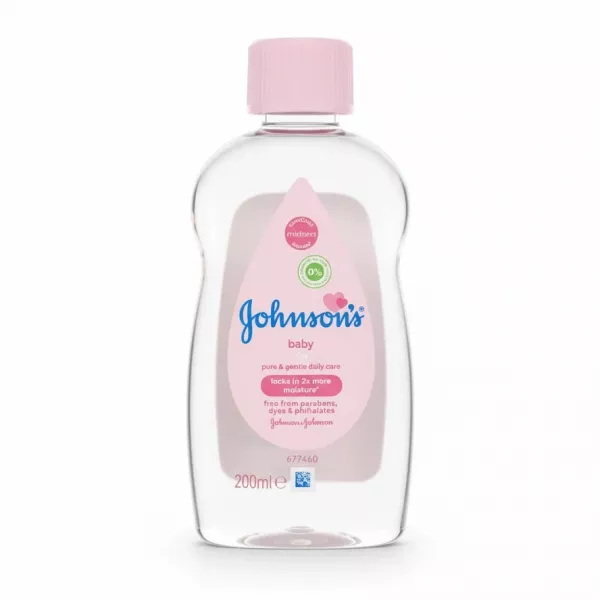 Johnson's Baby Oil bottle with pink cap and label showing moisture lock claims