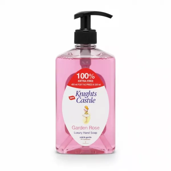 Knights Castle Garden Rose luxury hand soap bottle front view showing pink soap and pump dispenser