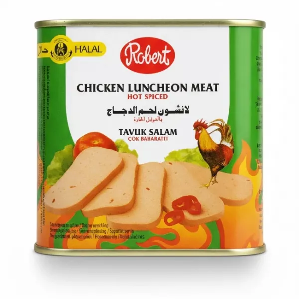 Robert Chicken Luncheon Meat Hot Spiced can front packaging