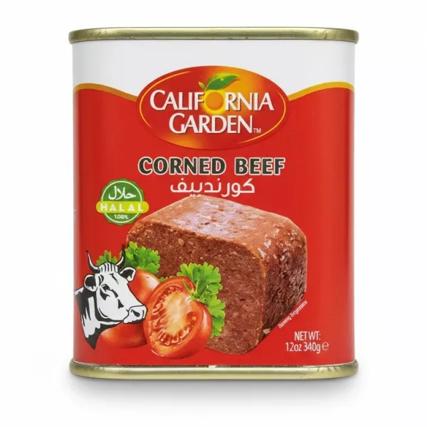 Tin of California Garden Corned Beef with red label and image of corned beef