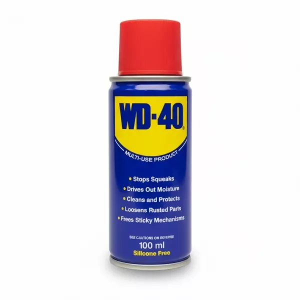 WD-40 multi-use lubricant spray can with red cap held in hand