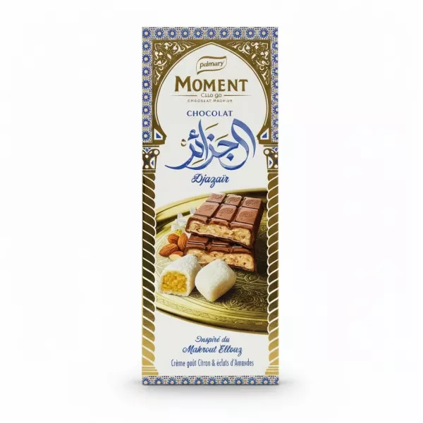 Palmary Moment Djazaïr chocolate bar packaging front showing chocolate pieces with almond and lemon cream filling