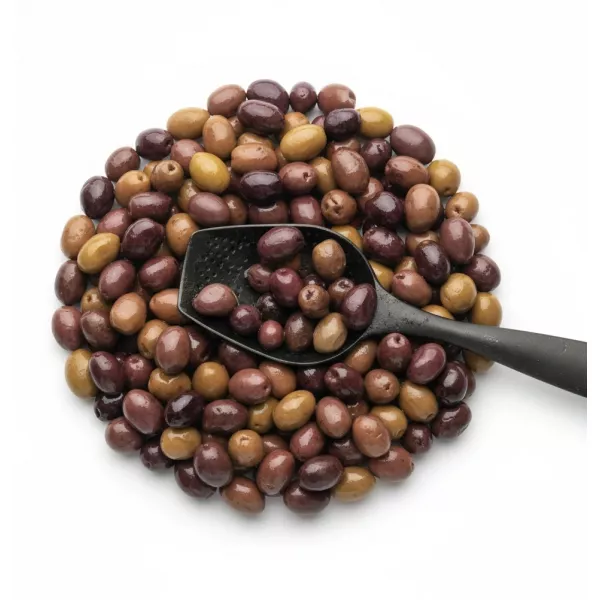 Mixed Mediterranean olives in brine without the container on a white background