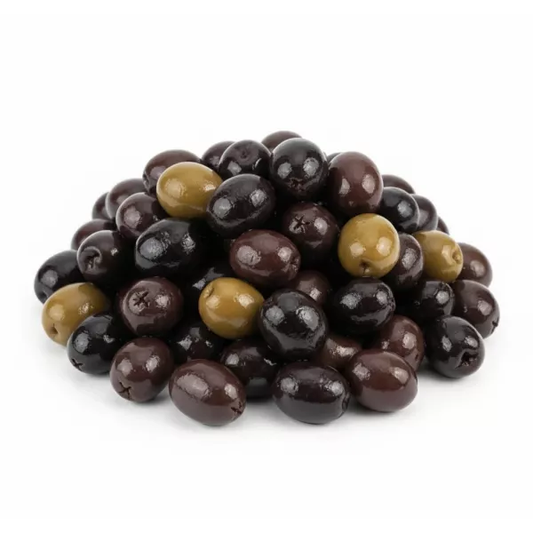 close-up of glossy black olives in brine without the container on a whit back ground